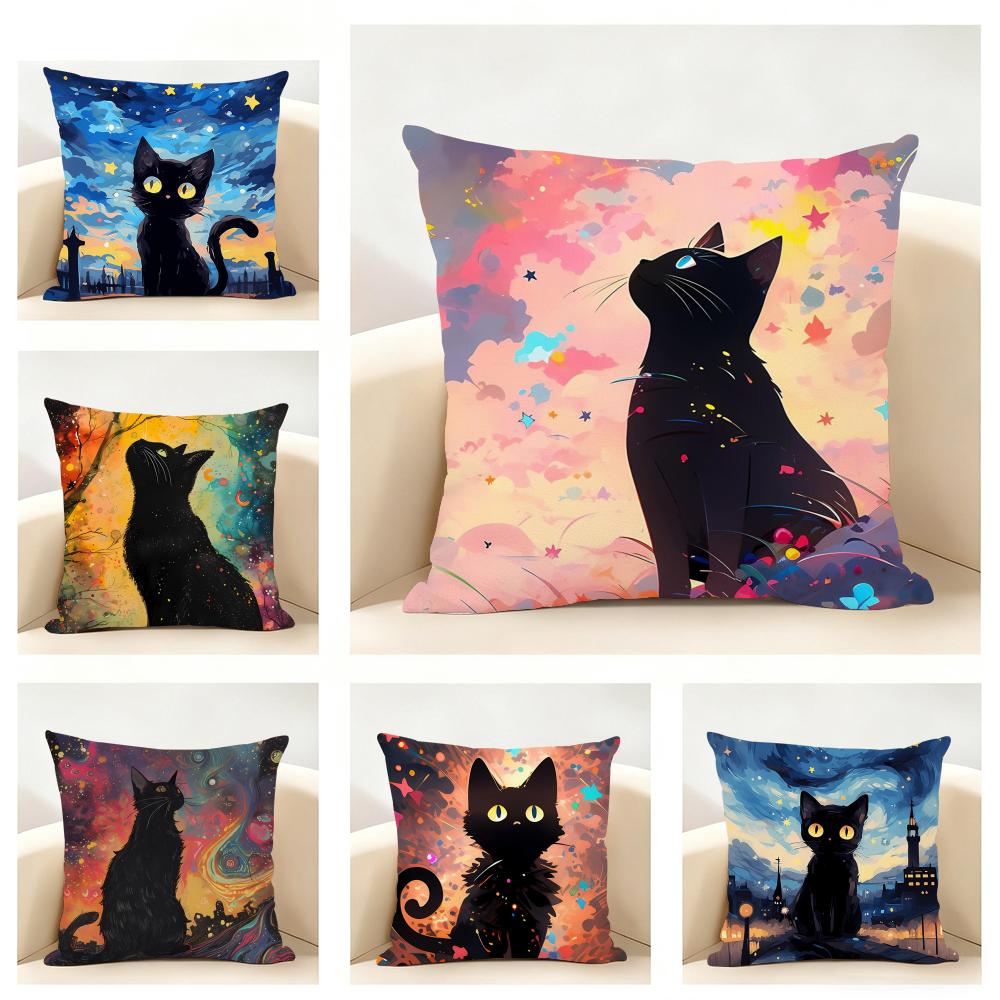Fashion Casual Starry Sky Art cats Cozy Cushion Cover Linen Pillowcase Soft for Sofa Bed Home Room Decor