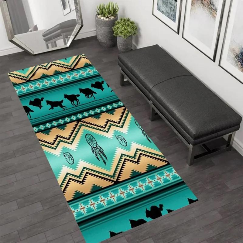 Long Vintage Tribal Geometric Runner Area Rug Carpet Non Slip Floor Mat, Teal  Maroon Aztec Pattern Washable Kitchen Floor Mat