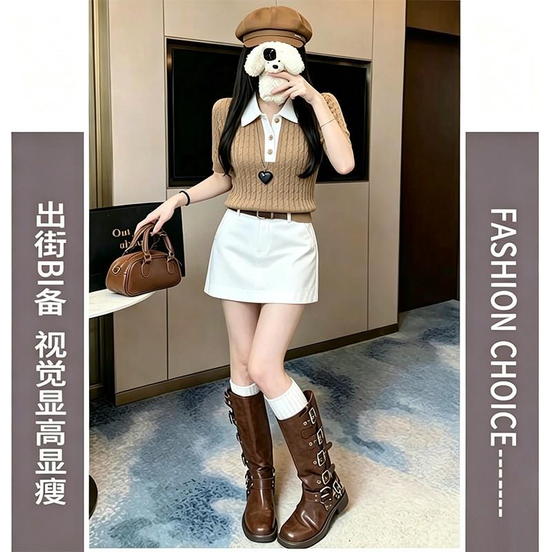 Womens Knit Polo Top With Twisted Cable Detail Matching Skirt Set Casual Two-Piece Outfit