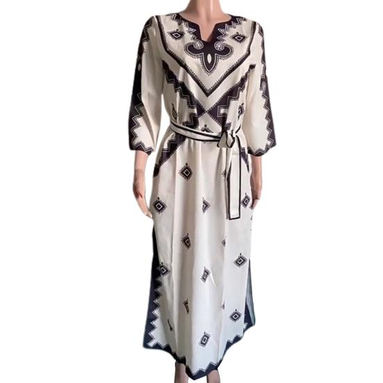 Платье на шнуровке с узкой талией и геометрическим принтом, с V-образным вырезом, рукавом три четверти, в тон, с разрезом подол, в богемном стиле, платье миди для отпуска