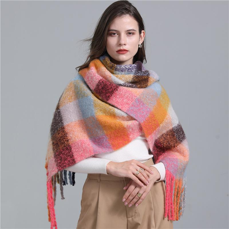 Scarf Imitation Cashmere Plaid European And American Elongated Tassel Scarf Fashion Striped Color Blocked Winter Scarf Shawl Coarse Beard