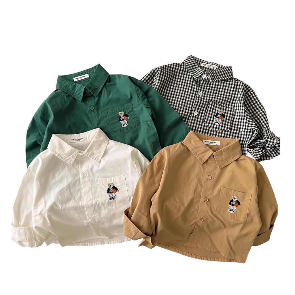 Детская рубашка с лацканами в клетку и вышивкой медведя, осень 2024 г. - длинный рукав в корейском стиле для мальчиков и девочек