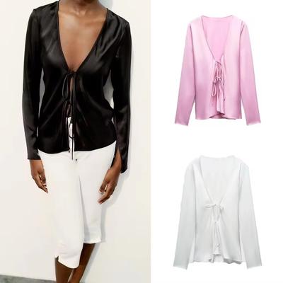 Осенний новый продукт женская мода и повседневная универсальная рубашка с V-образным вырезом и бантом из шелкового атласа