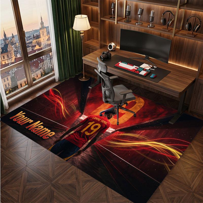Lamine Yamal Custom Crystal Velvet Rug, Personalized Name Text Print, Football Logo Soft Non‑Slip Floor Mat Home Decor Gift