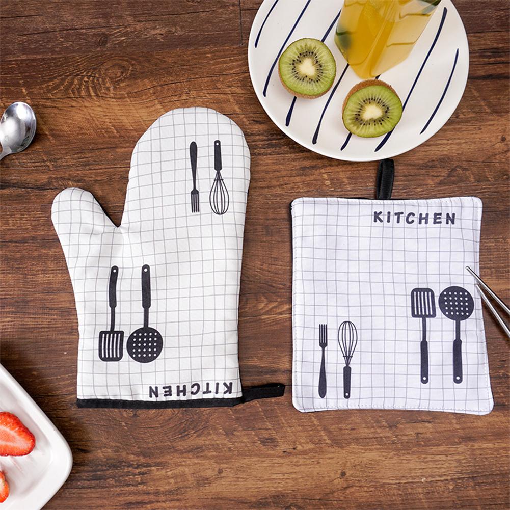 2pc/set Oven Mitt Table Pad Heat Resistant Thickened Kitchen Gloves Pot Holder Soft Inner Lining