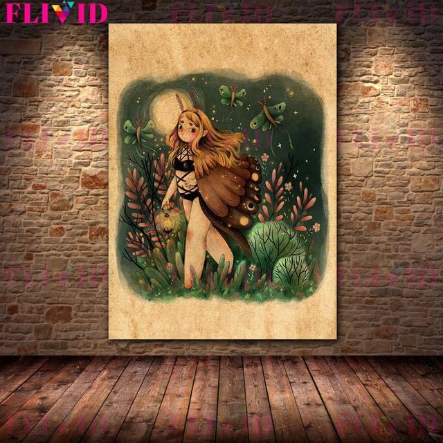 Фэнтези Маленькая Ведьма Волшебный Магазин Винтаж Настенная Картина Маслом Гриб Фея и Мотылек Принцесса Плакат