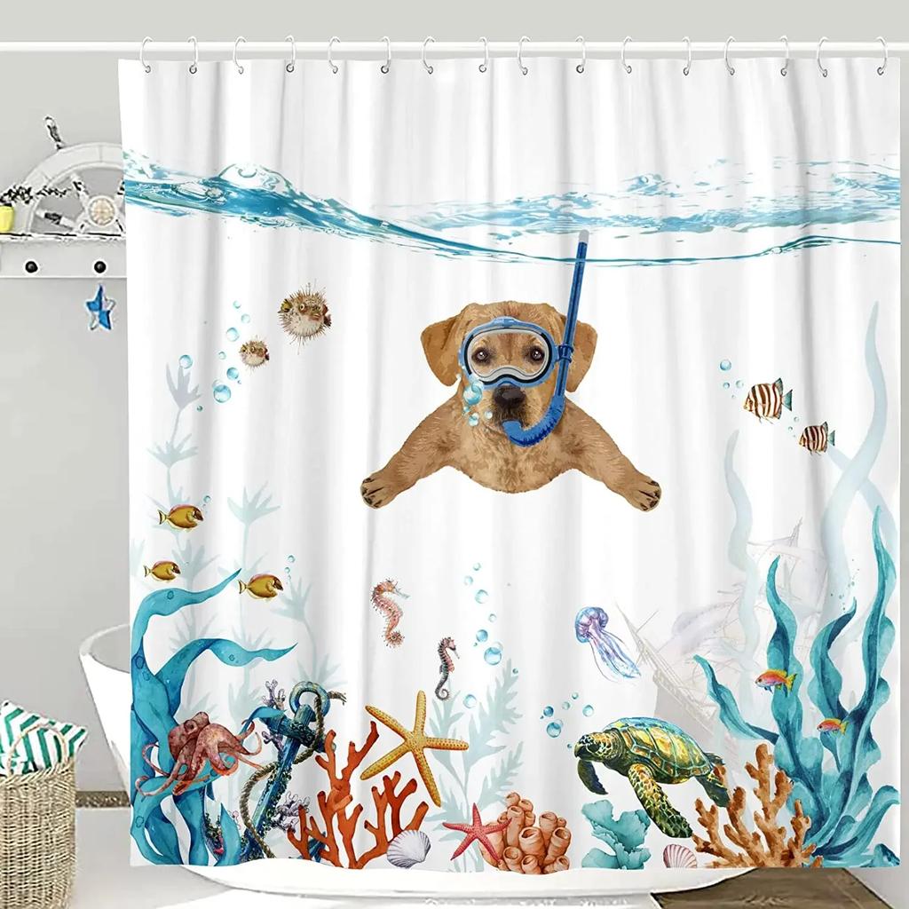Funny Cat Shower Curtain Cool Cat Riding Shark Seagull On Ocean Sea Blue Waves Kids Creative Design Bathroom Curtain Polyester