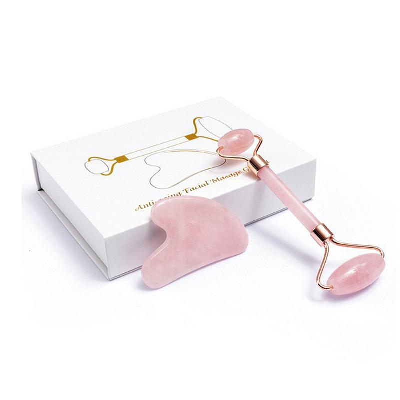 100% Natural Rose Quartz Jade Roller Gua Sha Massager Set Jade Stone Gouache Scraper Facial Massage Lifting SPA Anti Aging Tools