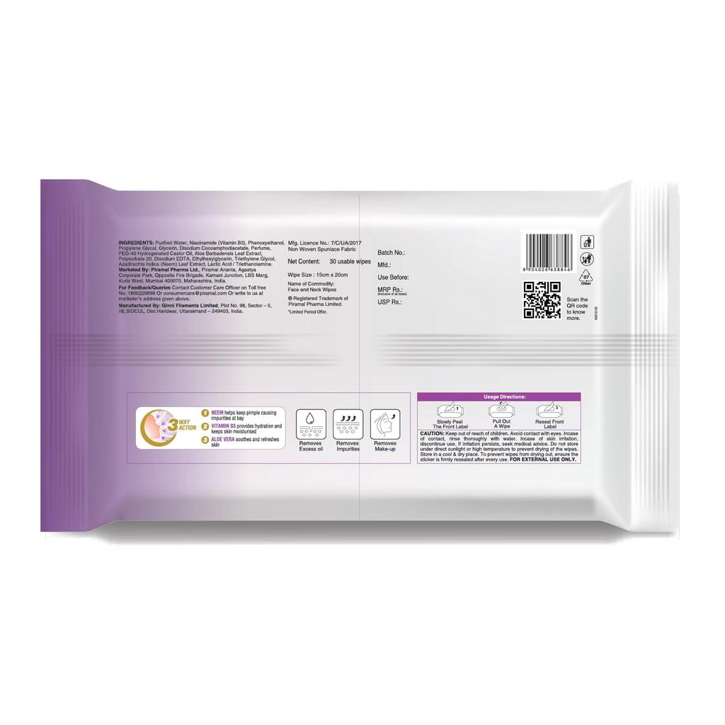 Lacto Calamine Салфетки для лица для контроля жирности, 2 упаковки по 30 штук в каждой, нежные средства для снятия макияжа, влажные салфетки с нимом, алоэ, ниацинамидом для мужчин и женщин