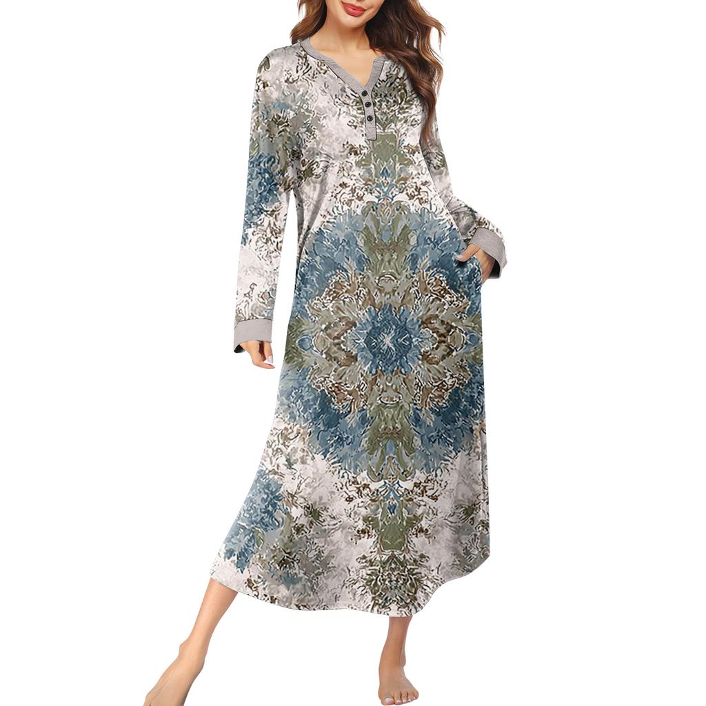 Женская ночная сорочка длинная домашняя одежда с V-образным вырезом и карманами