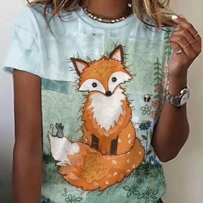 Новая женская футболка Kawaii с мультяшным принтом лисы, топ больших размеров, женская трендовая одежда, модная рубашка с короткими рукавами, летняя футболка с круглым вырезом