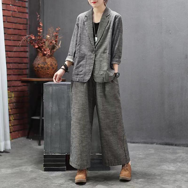 Осенне-зимний женский комплект в винтажную полоску, свободный костюм из двух предметов, брюки