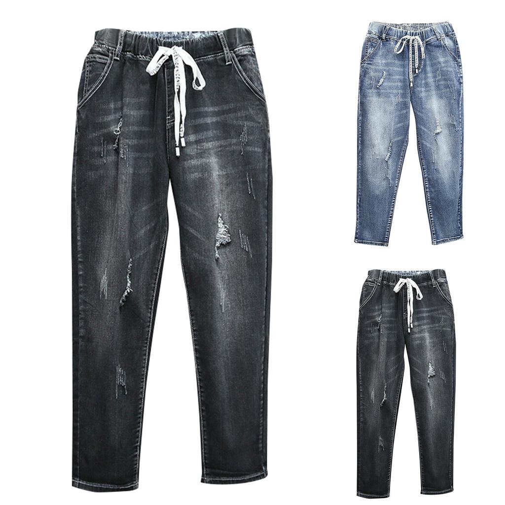 Женские брюки большого размера, эластичные джинсы, свободные полуэластичные брюки