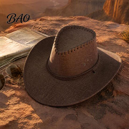 Stiff Brim Gardening Hat Western Cowboy with Windbreak Rope for Men, Wide Linen Sun Foldable Travel Outdoor Travel, Halloween Cosplay Costume,