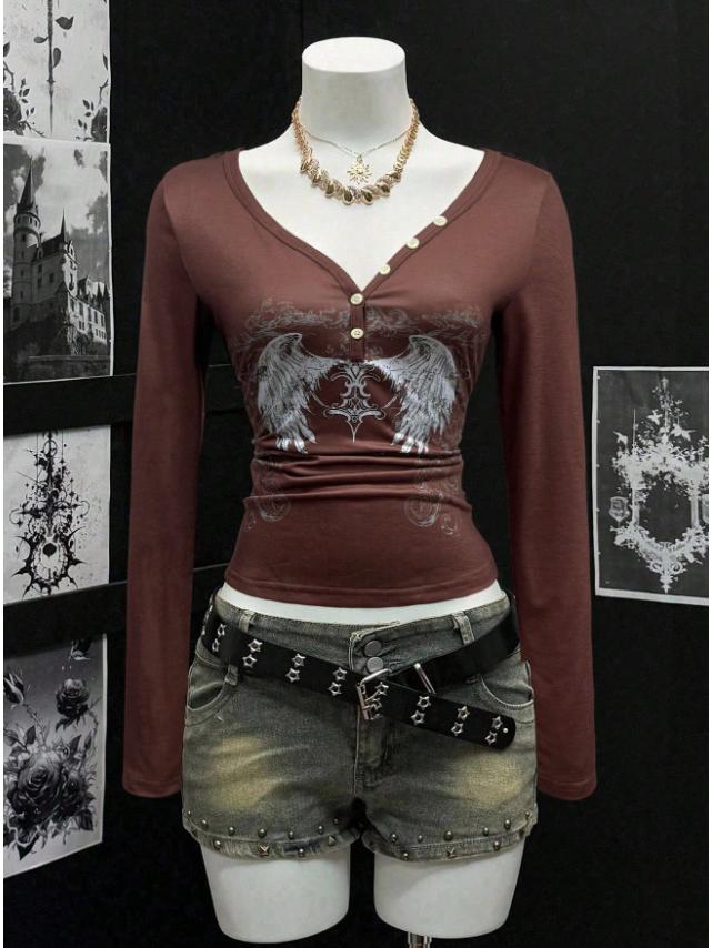 Топ с длинным рукавом и круглым вырезом, облегающий, с принтом в стиле Y2K " Spicy Girl"