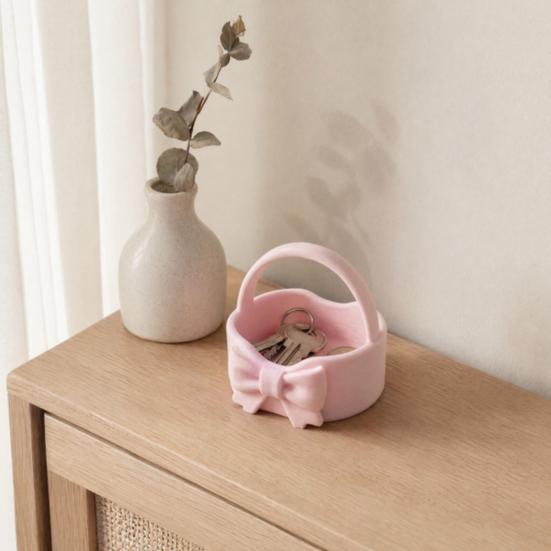 yangyizhi 3D Printed Bow Storage Basket, Portable Rounded Design Lipstick Sundries Holder for Entryway Desktop Vanity Tabletop, Girly Style