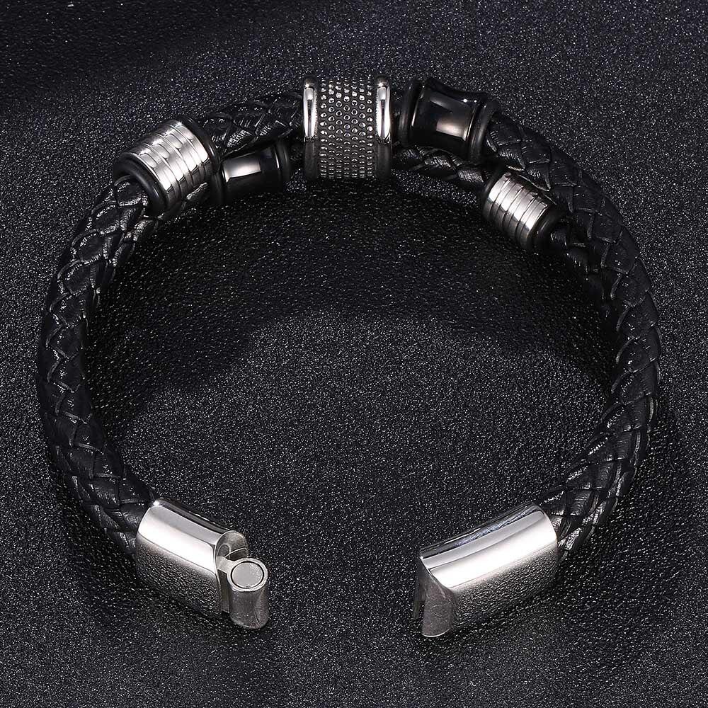 Classic Punk Stainless Steel Metal Clasp Bangles Men Jewelry Two Layers Black Genuine Leather Bracelet