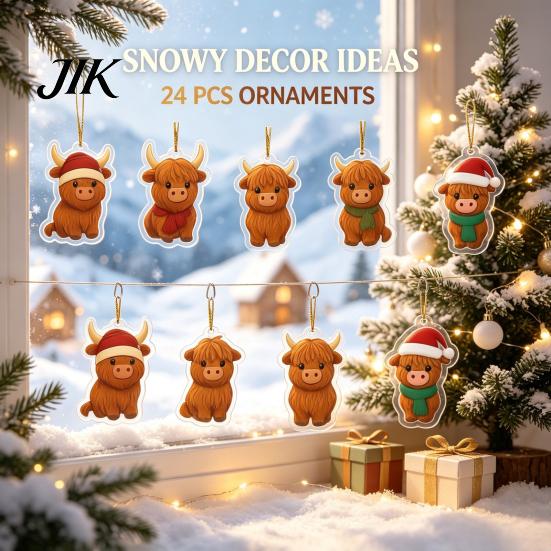 Christmas Tree Decorations Highland Cow Advent Calendar with 24 Acrylic Ornaments, Festive Countdown Party Supplies Box for Holiday Hanging Decor And