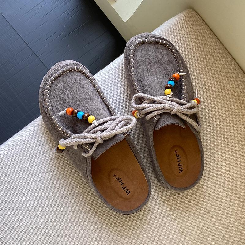 Женские туфли на плоской подошве с закрытым носком, с ремешком сзади, на шнуровке, с бисером, слипоны, с внутренней платформой, тапочки, универсальные, ретро, замшевые, женские туфли