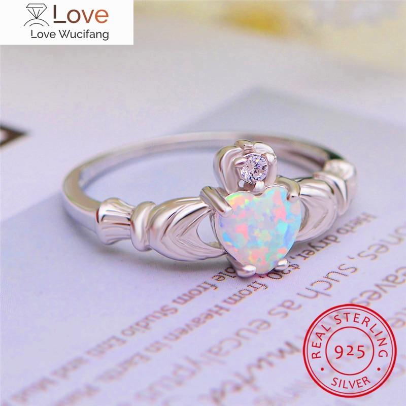 Real S925 Sterling Silver Claddagh Ring Cute Love Heart Crown Rings For Women Wedding Bands Blue White Fire Opal Ring Jewelry Cz