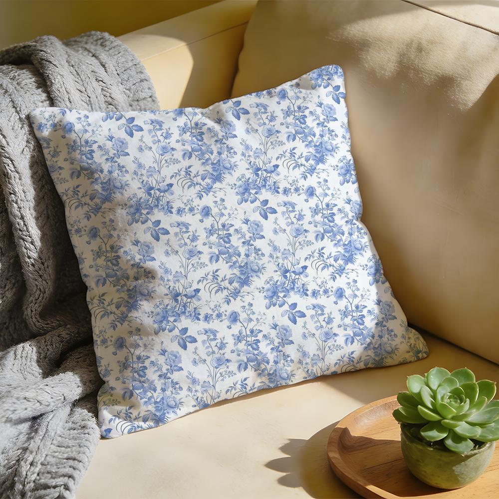 Cushion Cover Washed Linen Soft Breathable Decorative Case for Sofa Home Pillow cover Elegant Blue Floral