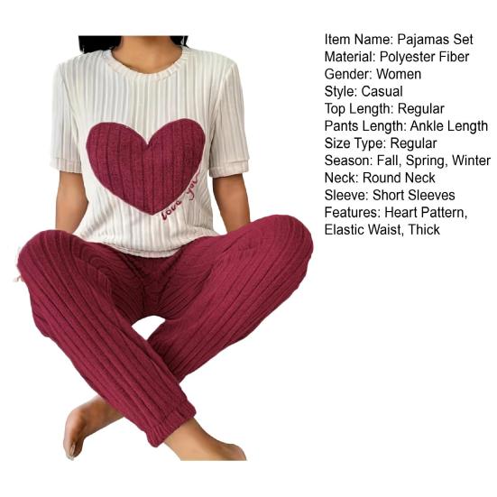2 шт./комплект, женская зимняя пижама, круглый вырез, узор в виде сердца, короткий рукав, домашняя одежда, топ, штаны, комплект, свободная домашняя одежда, женская ночная рубашка