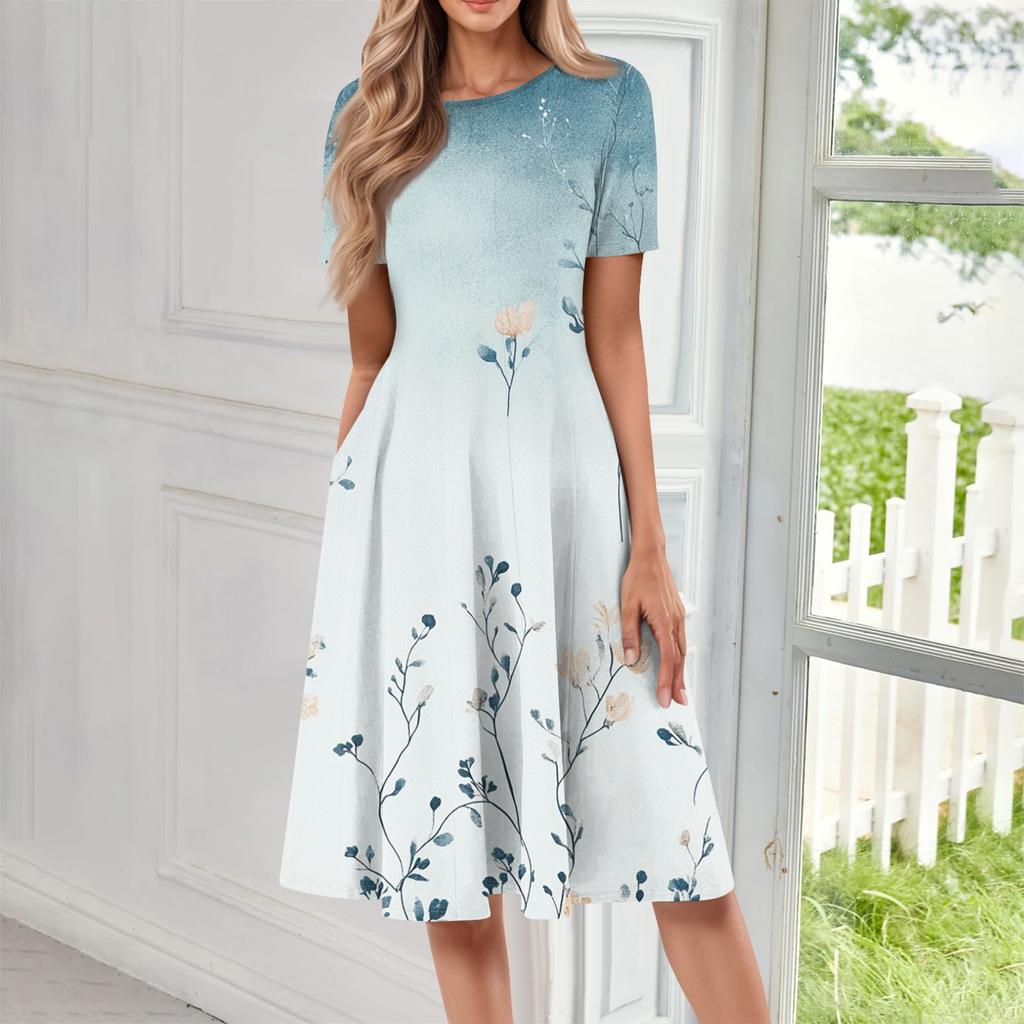Женское повседневное модное платье миди с круглым вырезом и коротким рукавом с принтом
