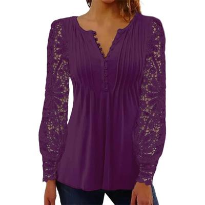 Женские элегантные повседневные блузки, сексуальные модные однотонные рубашки с V-образным вырезом и длинным рукавом, кружевные ажурные лоскутные топы для офиса и леди