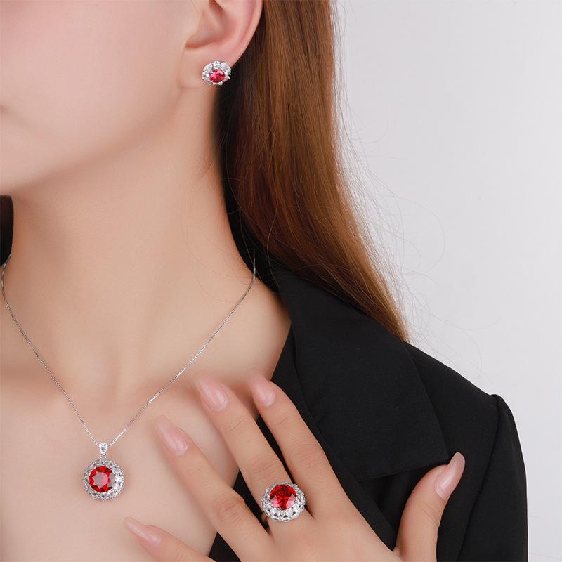 Jewelry Copper Bottom Gold-Plated Simulation Red Corundum Round Temperament Light Luxury Suit Women 12-7Mm