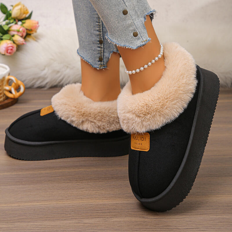 Теплые зимние женские сноубутсы из искусственного меха 2025 Мягкая толстая подошва Слипоны Пушистые ботильоны Модные новый стиль Замшевые Нескользящие ботильоны