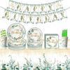 Eucalyptus Leaf-Themed Disposable Tableware Set for Baby Showers - Green Plates, Napkins, Cups, and Cutlery