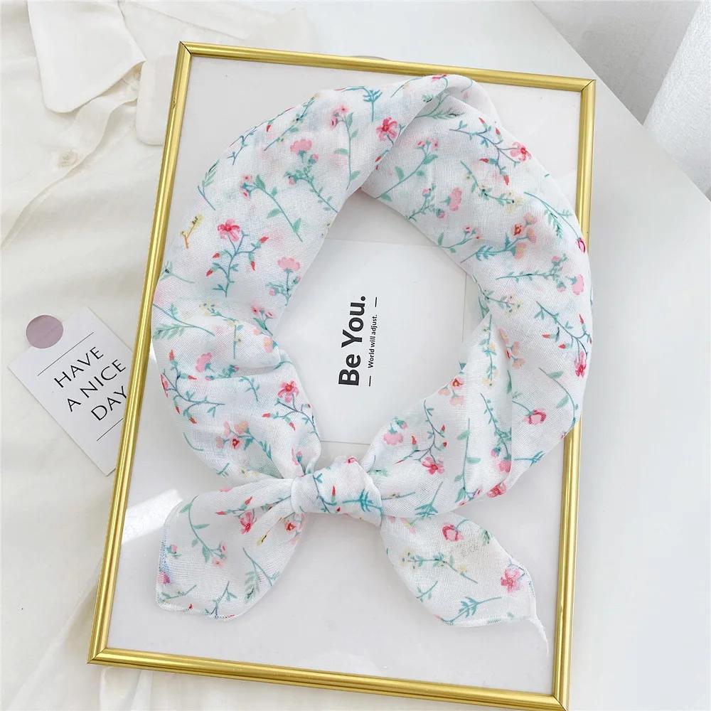 Floral Print Neckerchief Small Hijab Scarfs Women Fashion Handkerchief Neck Scarf Shawls Cotton Blends Korean Hair Scarves 58CM