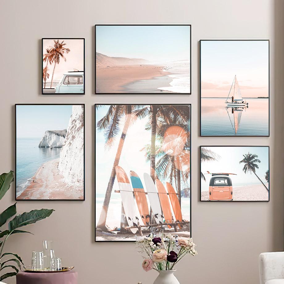 Морской пляж пальма доска для серфинга постеры и принты холст картины скандинавский пейзаж настенные художественные картины гостиная домашний декор