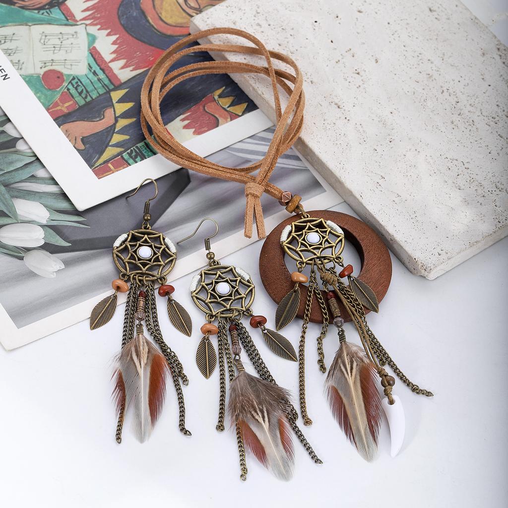 Набор серьг-ловцов снов с перьями antique gold для женщин, подвеска-лист в стиле бохо, длинная цепочка, кисточка, деревянные ожерелья, модные украшения