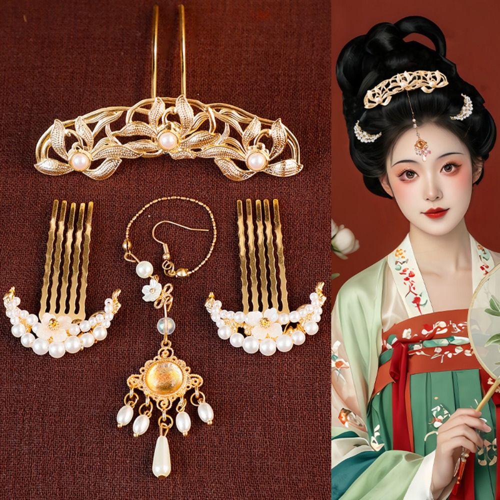 1 set Chinese Style Ancient Hair Stick Pearl Flower Hair Comb Vintage Hanfu Hair Accessories  Women