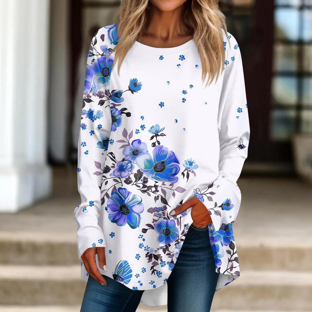 Women's Casual  Plus Size Long Sleeved Round Neck Printed T-shirt Top Pullover
