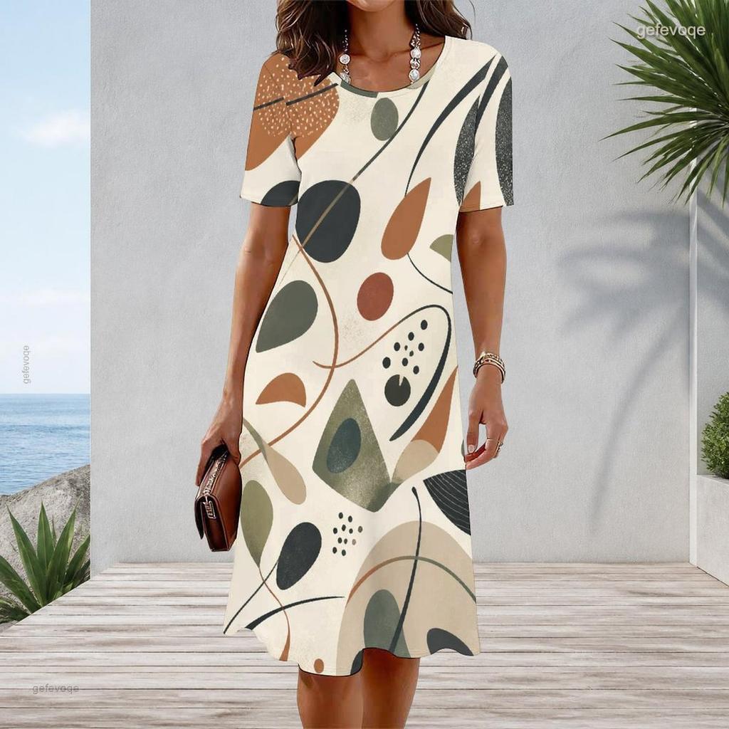 Women Plus Size Round Neck Short Sleeve Printed A Line Dress Pink Purple Beige
