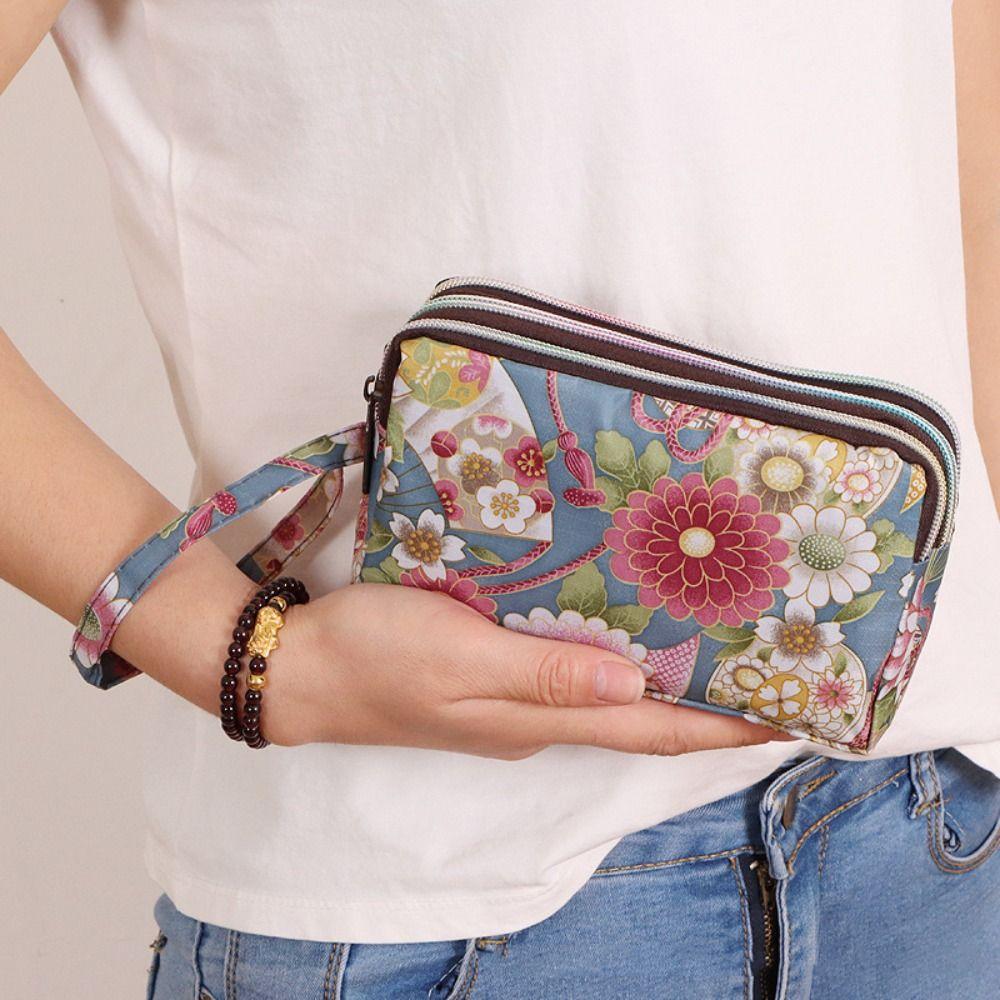 Waterproof Canvas Wallet Print Three Zippers Bags Simple Flower Coin Purse Ladies