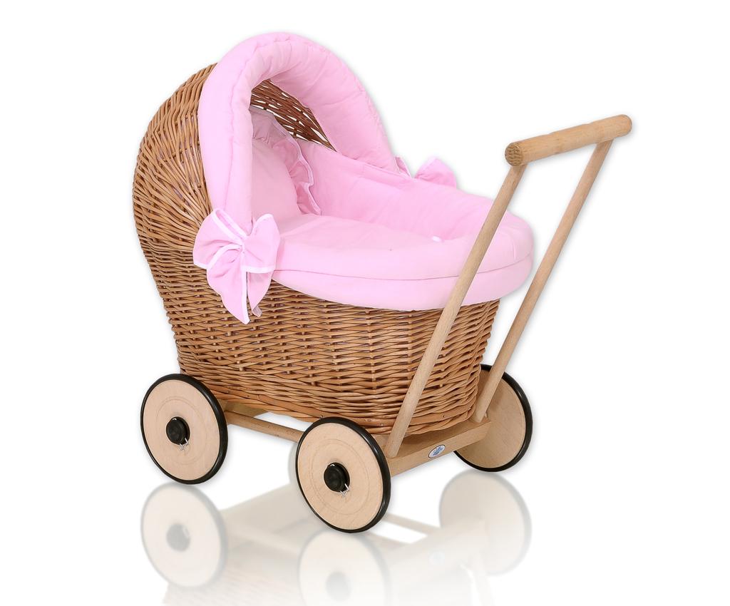 Wicker doll stroller with pink bedding and soft lining - natural