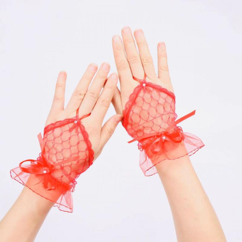 Gothic Short Black Gloves Female Harajuku Lace Bridal Wedding Halloween Lolita Dress Net Gauze Bow Hand Sleeve Fishnet Gloves