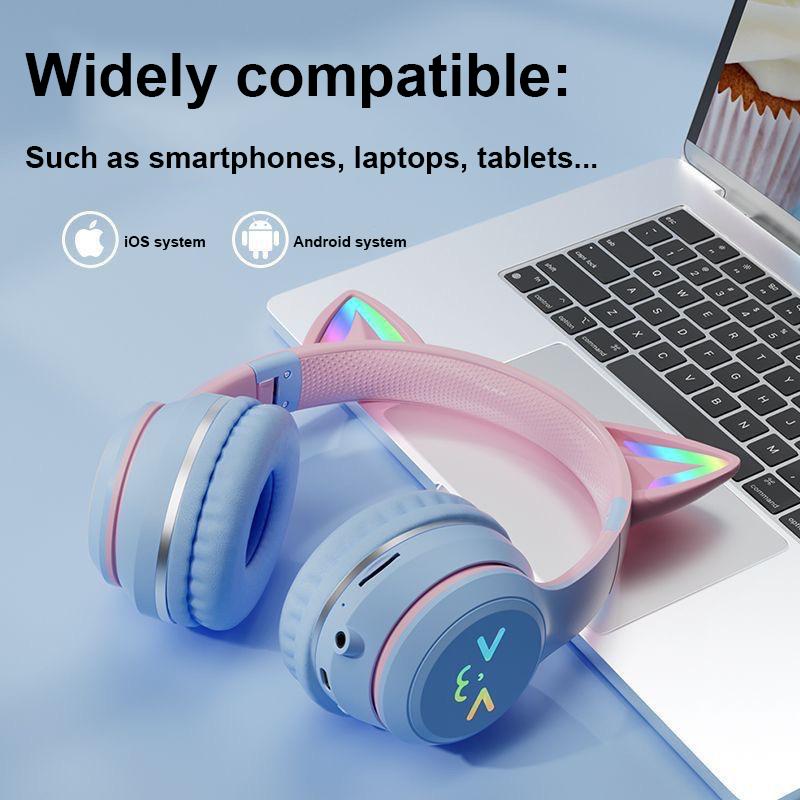Светодиодная вспышка Bluetooth-наушники, милые кошачьи ушки, беспроводные наушники с микрофоном, для детей и девочек, стерео, крутые RGB-гарнитуры Bluetooth 5.1