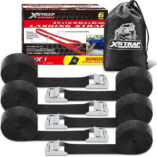 XSTRAP STANDARD Мягкая пряжка-фиксатор с кулачковым замком 6 шт. 8 футов Ременные стяжки для мотоспорта, Черные стяжные ремни, Поставляются с мешком на шнурке, Для крепления груза, багажа,