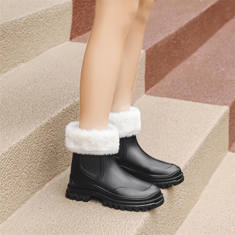 Новые модные короткие ПВХ дождевые ботинки женские теплые и флисовые нескользящие водные ботинки ботинки Мартин водонепроницаемые бахилы резиновые сапоги