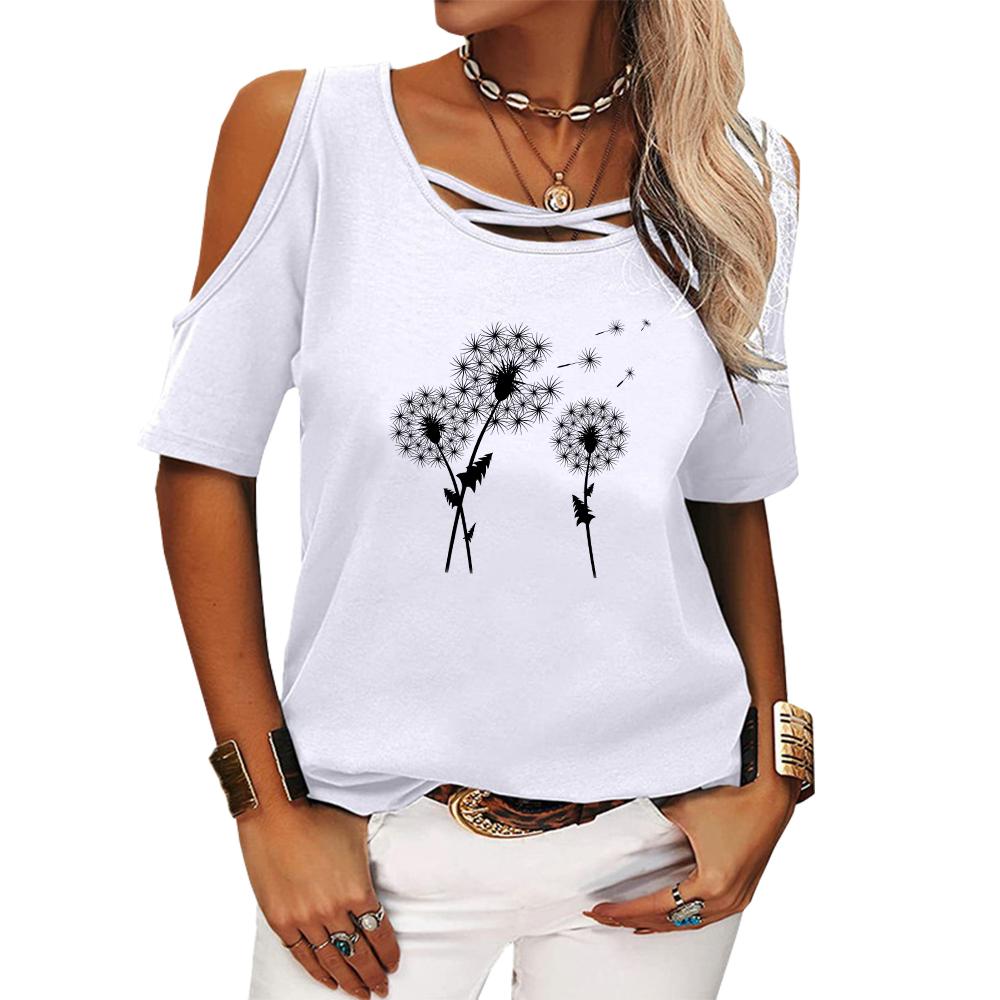Women Fashion Off Shoulder T-shirt Ladies Casual Round Neck Floral Print Top Summer Short Sleeve Tee Shirt