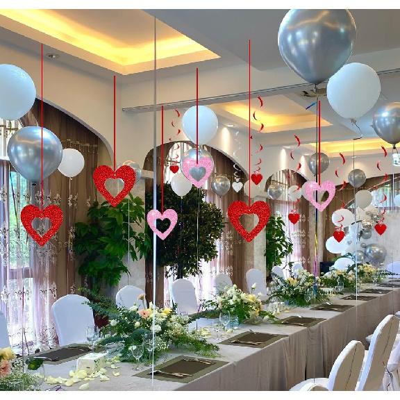 48 Pcs Valentine's Day Decorations Glitter Heart Hanging Swirls,Hanging Love Heart Swirls Wedding Party Supplies Decorations, Anniversary, Ceiling