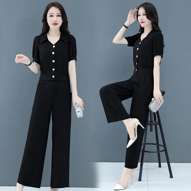 Модный женский летний шифоновый костюм-двойка 2025 - стильный омолаживающий комплект из рубашки и брюк для весны