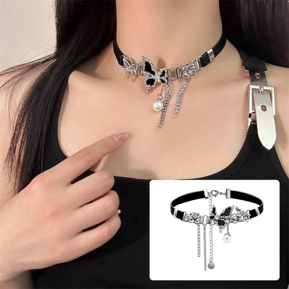 Y2K Vintage Butterfly Necklace Clavicle Necklace Goth Choker Sweet Cool Leather Choker