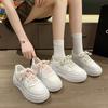 Women's White Sports Single Shoes Casual PU Solid Color Thick Soled Lace Up Sneaker Retro Student Bread Board Shoes 35-40