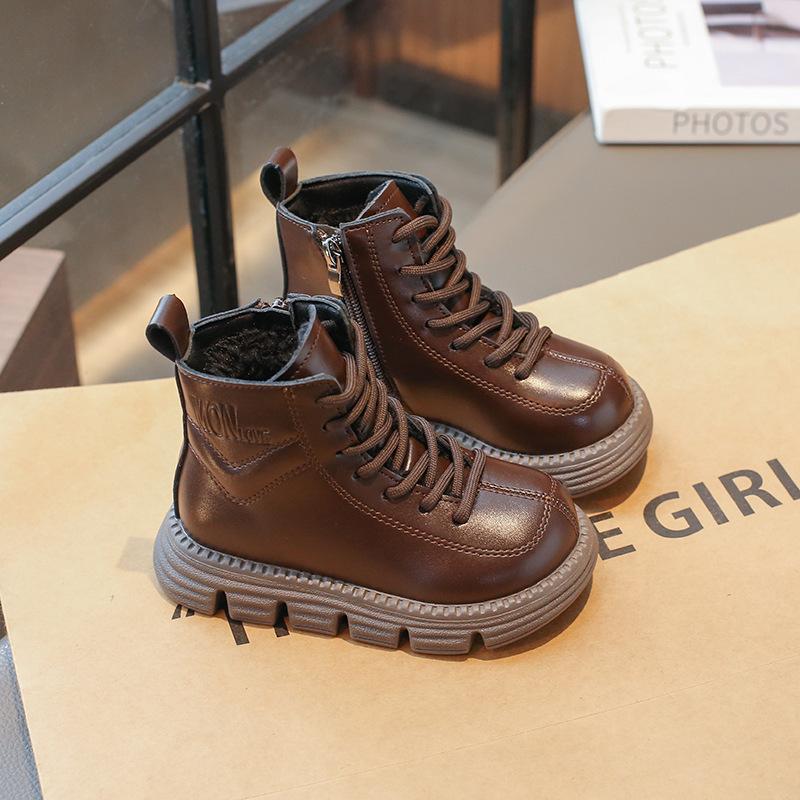 Boys Martin Boots 2025 New Winter Girls Velvet Cotton Boots Medium and Older Children's Short Boots Children's British Leather Boots Tide