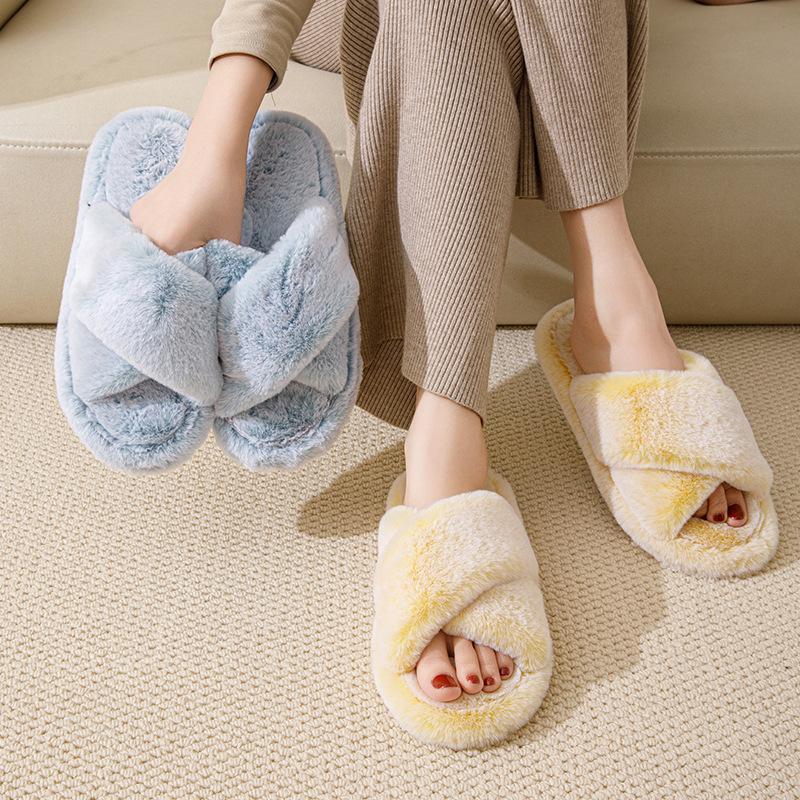 Элегантные мохнатые тапочки с перекрестным ремнем, плюшевые хлопковые тапочки, домашние открытые мохнатые тапочки, женская домашняя обувь, тапочки розового цвета